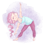 Ilustração de uma jovem praticando yoga em uma pose de alongamento lateral, com cabelo rosa e roupas confortáveis. O fundo apresenta um design suave de mandala em tons pastel.