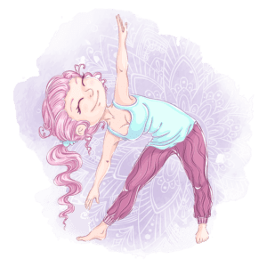Ilustração de uma jovem praticando yoga em uma pose de alongamento lateral, com cabelo rosa e roupas confortáveis. O fundo apresenta um design suave de mandala em tons pastel.