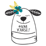 Ilustração de um animal sorridente com flores e a frase " #LOVE YOURSELF", promovendo a autoaceitação e o amor-próprio.