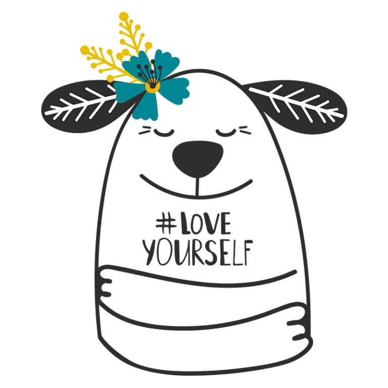 Ilustração de um animal sorridente com flores e a frase " #LOVE YOURSELF", promovendo a autoaceitação e o amor-próprio.