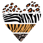 Coração estilizado com padrões de pelagem animal, incluindo manchas de leopardo, listras de zebra, listras de tigre e escamas de cobra. Ideal para temas de moda e natureza.