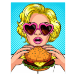 Mulher loira com óculos de sol em formato de coração segurando um hambúrguer, com fundo azul vibrante e estilo pop art. Ideal para temas de alimentação e cultura pop.