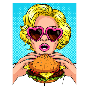 Mulher loira com óculos de sol em formato de coração segurando um hambúrguer, com fundo azul vibrante e estilo pop art. Ideal para temas de alimentação e cultura pop.