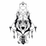 Ilustração de um lobo estilizado com detalhes esotéricos, incluindo elementos como mandala e penas, simbolizando conexão espiritual e natureza. Ideal para temas de arte, espiritualidade e mitologia.