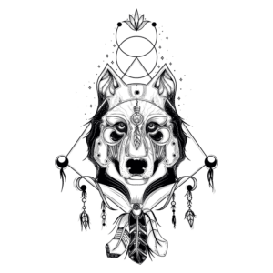 Ilustração de um lobo estilizado com detalhes esotéricos, incluindo elementos como mandala e penas, simbolizando conexão espiritual e natureza. Ideal para temas de arte, espiritualidade e mitologia.