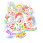 Grupo de palhaços coloridos com rostos diferentes, usando narizes vermelhos e trajes vibrantes, em um fundo azul.