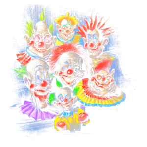 Grupo de palhaços coloridos com rostos diferentes, usando narizes vermelhos e trajes vibrantes, em um fundo azul.