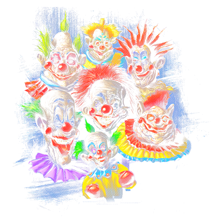 Grupo de palhaços coloridos com rostos diferentes, usando narizes vermelhos e trajes vibrantes, em um fundo azul.