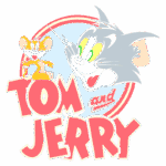Logotipo de Tom e Jerry, com o gato Tom e o rato Jerry em destaque, ambos com expressões animadas. O design tem um fundo azul claro, com contornos vermelhos e o nome da série em letras grandes e coloridas.