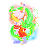 Goku em pose de batalha, acompanhado pelo dragão Shenlong em um fundo colorido e vibrante, representando elementos icônicos da série Dragon Ball.