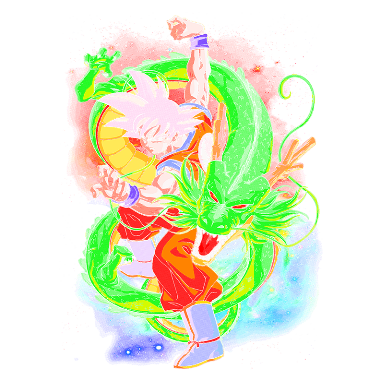 Goku em pose de batalha, acompanhado pelo dragão Shenlong em um fundo colorido e vibrante, representando elementos icônicos da série Dragon Ball.