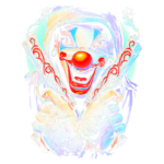 Imagem de um palhaço ameaçador segurando duas pistolas, com um sorriso sádico, simbolizando a mistura de diversão e perigo. O fundo apresenta cores vibrantes, criando um contraste marcante com a figura central. Ideal para temas relacionados a festas de Halloween, arte pop e cultura alternativa.