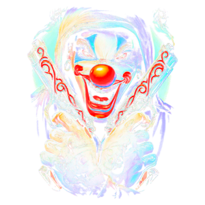 Imagem de um palhaço ameaçador segurando duas pistolas, com um sorriso sádico, simbolizando a mistura de diversão e perigo. O fundo apresenta cores vibrantes, criando um contraste marcante com a figura central. Ideal para temas relacionados a festas de Halloween, arte pop e cultura alternativa.