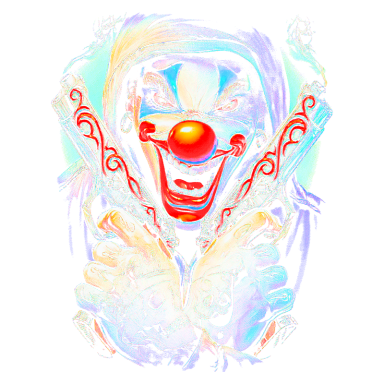 Imagem de um palhaço ameaçador segurando duas pistolas, com um sorriso sádico, simbolizando a mistura de diversão e perigo. O fundo apresenta cores vibrantes, criando um contraste marcante com a figura central. Ideal para temas relacionados a festas de Halloween, arte pop e cultura alternativa.
