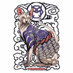 Gato Sphynx estilizado com arte vibrante, usando uma roupa detalhada e padrões complexos, cercado por elementos de design tradicionais e nuvens. Ideal para amantes de gatos e arte contemporânea.