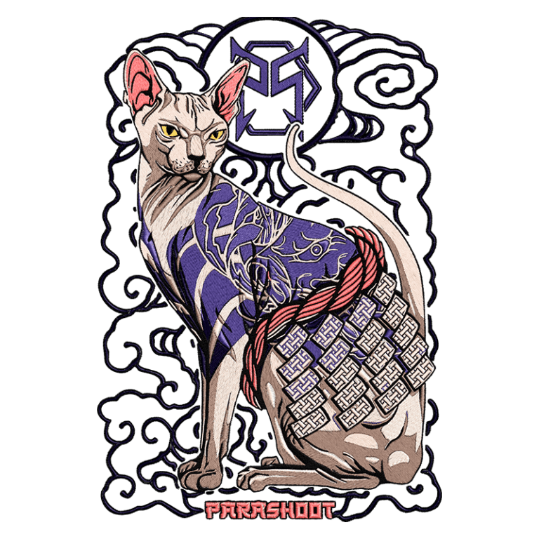 Gato Sphynx estilizado com arte vibrante, usando uma roupa detalhada e padrões complexos, cercado por elementos de design tradicionais e nuvens. Ideal para amantes de gatos e arte contemporânea.