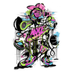 Ilustração vibrante de um personagem estilizado com estética urbana, usando óculos escuros e um boné. O personagem segura um microfone e um toca-discos, com um fundo repleto de manchas coloridas e dripping, refletindo a cultura hip-hop e street art. Elementos como bolas de futebol e tênis coloridos complementam o tema dinâmico e divertido.