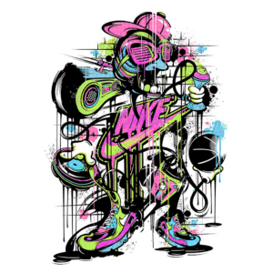 Ilustração vibrante de um personagem estilizado com estética urbana, usando óculos escuros e um boné. O personagem segura um microfone e um toca-discos, com um fundo repleto de manchas coloridas e dripping, refletindo a cultura hip-hop e street art. Elementos como bolas de futebol e tênis coloridos complementam o tema dinâmico e divertido.