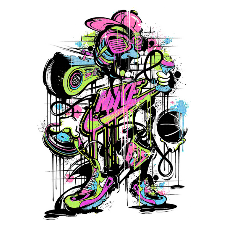 Ilustração vibrante de um personagem estilizado com estética urbana, usando óculos escuros e um boné. O personagem segura um microfone e um toca-discos, com um fundo repleto de manchas coloridas e dripping, refletindo a cultura hip-hop e street art. Elementos como bolas de futebol e tênis coloridos complementam o tema dinâmico e divertido.