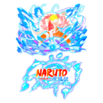 Personagem de Naruto usando uma técnica poderosa com elementos de água e energia, em meio a um fundo vibrante. O logotipo de Naruto está destacado na parte inferior da imagem.