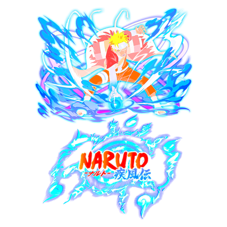 Personagem de Naruto usando uma técnica poderosa com elementos de água e energia, em meio a um fundo vibrante. O logotipo de Naruto está destacado na parte inferior da imagem.