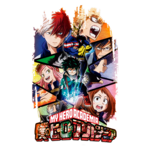 Capa do anime "My Hero Academia" destacando os personagens principais, incluindo Izuku Midoriya, Todoroki e All Might, em um fundo colorido e dinâmica, representando a luta contra vilões e o treinamento de heróis.