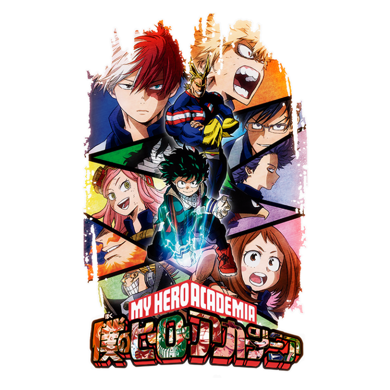 Capa do anime "My Hero Academia" destacando os personagens principais, incluindo Izuku Midoriya, Todoroki e All Might, em um fundo colorido e dinâmica, representando a luta contra vilões e o treinamento de heróis.