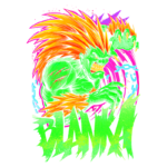 Ilustração de um monstro verde com cabelos laranja e espinhosos, exibindo uma expressão feroz enquanto levanta a mão. O fundo colorido e vibrante destaca o personagem, que parece estar em movimento, transmitindo energia e dinamismo. Ideal para temas de fantasia ou jogos de vídeo.