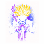 Imagem artística de um personagem com cabelo amarelo em formato de espinho, emanando energia em um fundo vermelho e azul. O personagem exibe um gesto de força com os punhos cerrados, destacando uma aura poderosa ao seu redor.