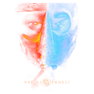 Imagem estilizada mostrando duas figuras em lados opostos, uma com tons avermelhados representando um guerreiro, e outra com tons azulados representando um lutador, ambos de máscaras. No centro, o logo do jogo “Mortal Kombat”. Ideal para fãs de jogos de luta e cultura gamer.