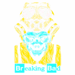 Ilustração colorida inspirada em Breaking Bad, mostrando uma figura esquelética com óculos e máscara de gás, destacando o tema da série sobre química e crime. Ideal para fãs da série e arte relacionada.