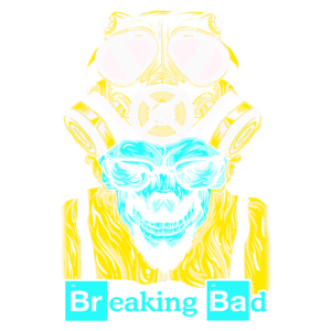 Ilustração colorida inspirada em Breaking Bad, mostrando uma figura esquelética com óculos e máscara de gás, destacando o tema da série sobre química e crime. Ideal para fãs da série e arte relacionada.