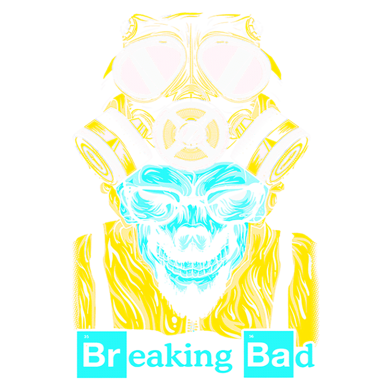 Ilustração colorida inspirada em Breaking Bad, mostrando uma figura esquelética com óculos e máscara de gás, destacando o tema da série sobre química e crime. Ideal para fãs da série e arte relacionada.
