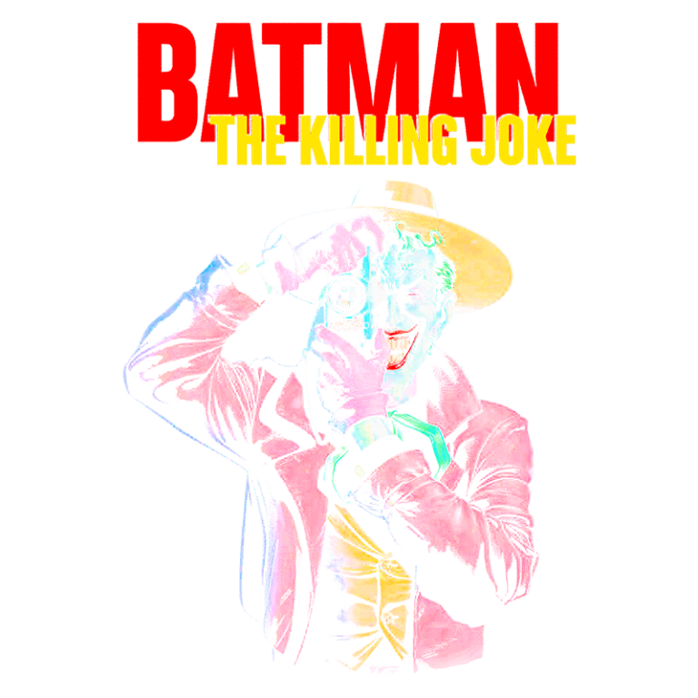 Capa da graphic novel "The Killing Joke" com imagem vibrante do Coringa, um dos vilões mais icônicos da DC Comics, segurando uma pistola e sorrindo de maneira sinistra, em um fundo colorido e estilizado.