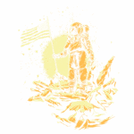 Astronauta em trajes espaciais segurando a bandeira dos Estados Unidos em um ambiente lunar, rodeado por rochas e um fundo estelar.