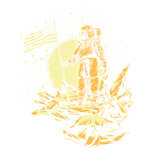 Astronauta em trajes espaciais segurando a bandeira dos Estados Unidos em um ambiente lunar, rodeado por rochas e um fundo estelar.