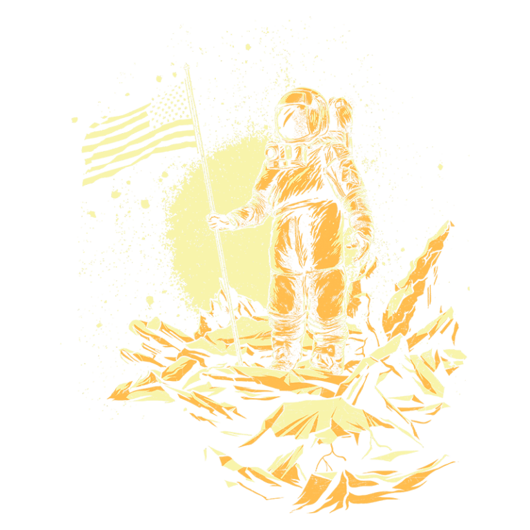 Astronauta em trajes espaciais segurando a bandeira dos Estados Unidos em um ambiente lunar, rodeado por rochas e um fundo estelar.