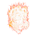 Cabeça de caveira estilizada com cabelo ondulado e maquiagem de palhaço, segurando cartas e uma arma. Fundo vermelho vibrante, criando um contraste dramático com a arte. Ideal para temas de Halloween ou festivais de terror.