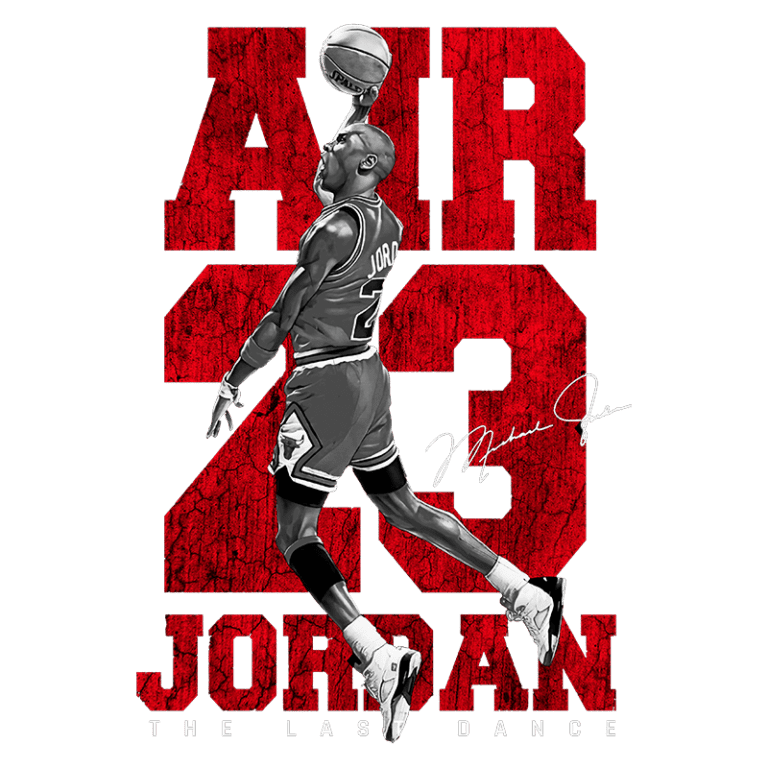 Imagem de Michael Jordan em ação, saltando para fazer uma cesta, com o texto " AIR 23 JORDAN THE LAST DANCE" em destaque. Ideal para fãs de basquete e seguidores da cultura pop.