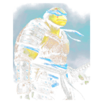 Tartaruga ninja em pose de combate, vestindo armadura detalhada e faixa azul na cabeça, destacando sua força e determinação.