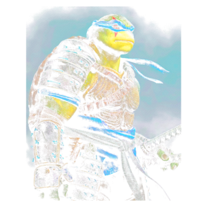 Tartaruga ninja em pose de combate, vestindo armadura detalhada e faixa azul na cabeça, destacando sua força e determinação.