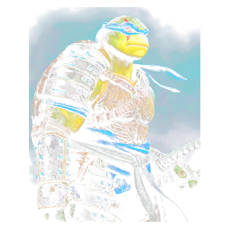 Tartaruga ninja em pose de combate, vestindo armadura detalhada e faixa azul na cabeça, destacando sua força e determinação.