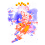 Imagem colorida de um personagem de anime, com cabelo azul e roupas laranja, em pose de ação e fundo cósmico, simbolizando poder e movimento. As esferas do dragão estão acima do personagem, indicando um tema relacionado a Dragon Ball.