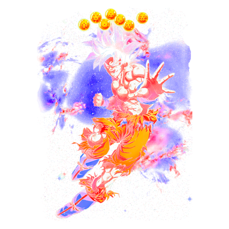 Imagem colorida de um personagem de anime, com cabelo azul e roupas laranja, em pose de ação e fundo cósmico, simbolizando poder e movimento. As esferas do dragão estão acima do personagem, indicando um tema relacionado a Dragon Ball.
