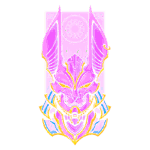 Máscara estilizada de um demônio com cores vibrantes em tons de rosa e detalhes dourados, destacando olhos amarelos e chifres longos. Design artístico contemporâneo com influências de arte digital.