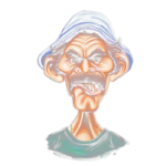 Caricatura de um homem com um chapéu branco e blusa verde, mostrando uma expressão facial de descontentamento e sobrancelhas franzidas. Ideal para temas de humor ou arte caricatural.