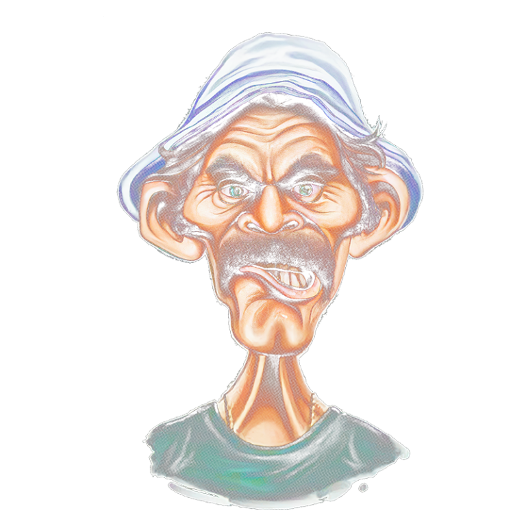 Caricatura de um homem com um chapéu branco e blusa verde, mostrando uma expressão facial de descontentamento e sobrancelhas franzidas. Ideal para temas de humor ou arte caricatural.