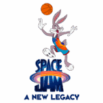 Bugs Bunny jogando basquete, vestindo o uniforme da Tune Squad, com a bola em sua mão, representando o filme Space Jam: A Nova Era.