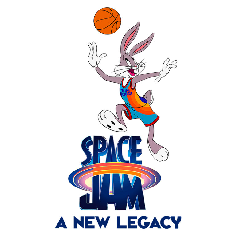 Bugs Bunny jogando basquete, vestindo o uniforme da Tune Squad, com a bola em sua mão, representando o filme Space Jam: A Nova Era.