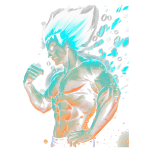 Personagem de anime com cabelo azul brilhante e músculos definidos, emitindo energia luminosa e fragmentos coloridos ao seu redor, em pose de determinação.